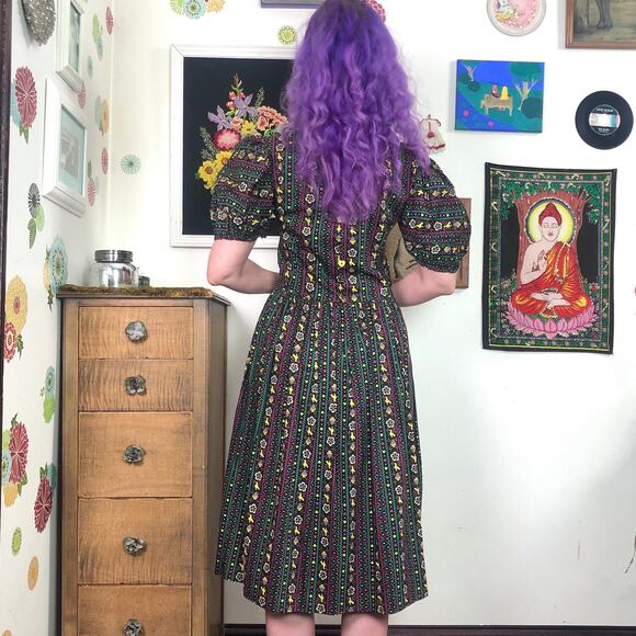 Vintage Scandinavian Bird Print Dress, Dark Cottagecore Puff Sleeve Dress, Sz M - Picture 3 of 10